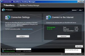 Blackberry Desktop Manager IP Modem connected